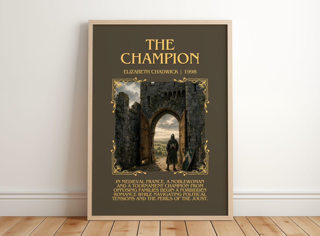 The Champion Minimalist Book Poster by Elizabeth Chadwick – framed print leaning on a wooden floor