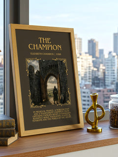 The Champion Minimalist Book Poster by Elizabeth Chadwick – framed print on a city-view windowsill