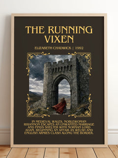 The running vixen Minimalist Book Poster by Elizabeth Chadwick – framed print leaning on a wooden floor