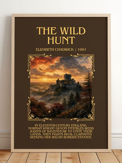 The wild hunt Minimalist Book Poster by Elizabeth Chadwick – framed print leaning on a wooden floor