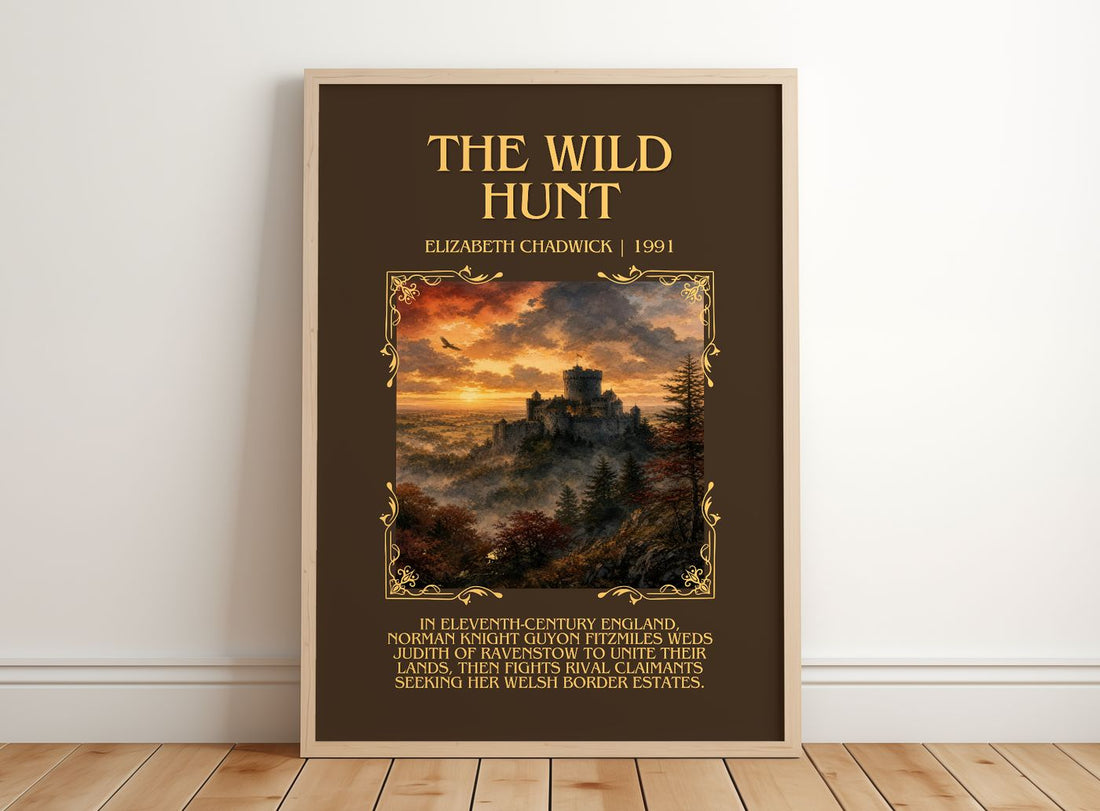 The wild hunt Minimalist Book Poster by Elizabeth Chadwick – framed print leaning on a wooden floor