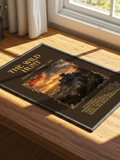 The wild hunt Minimalist Book Poster by Elizabeth Chadwick – print on a sunlit desk