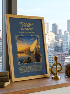 Crocodile on the sandbank Minimalist Book Poster by Elizabeth Peters – framed print on a city-view windowsill