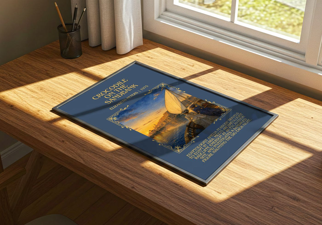 Crocodile on the sandbank Minimalist Book Poster by Elizabeth Peters – print on a sunlit desk