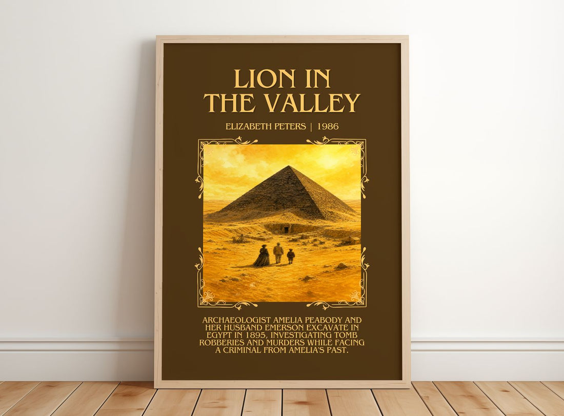 Lion in the valley Minimalist Book Poster by Elizabeth Peters – framed print leaning on a wooden floor