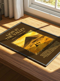 Lion in the valley Minimalist Book Poster by Elizabeth Peters – print on a sunlit desk