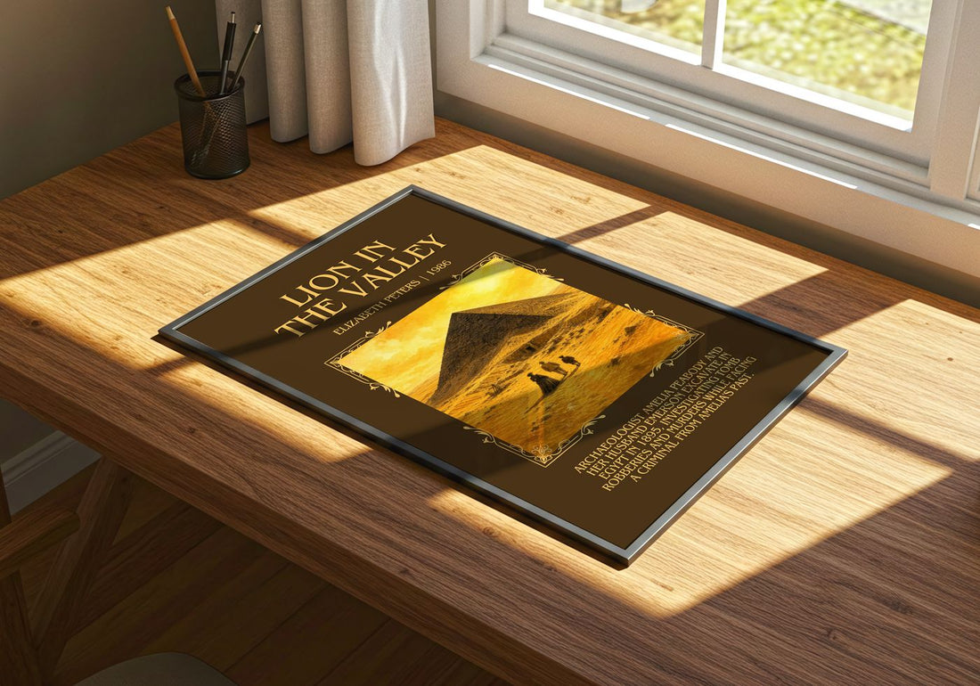 Lion in the valley Minimalist Book Poster by Elizabeth Peters – print on a sunlit desk