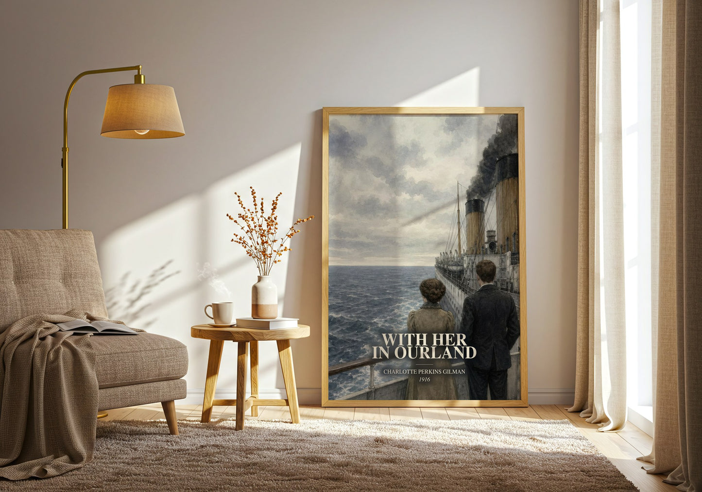 With Her In Ourland watercolour print in frame leaning in hallway – sci fi wall art