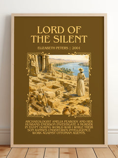 Lord of the silent Minimalist Book Poster by Elizabeth Peters – framed print leaning on a wooden floor