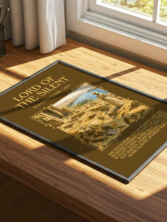 Lord of the silent Minimalist Book Poster by Elizabeth Peters – print on a sunlit desk
