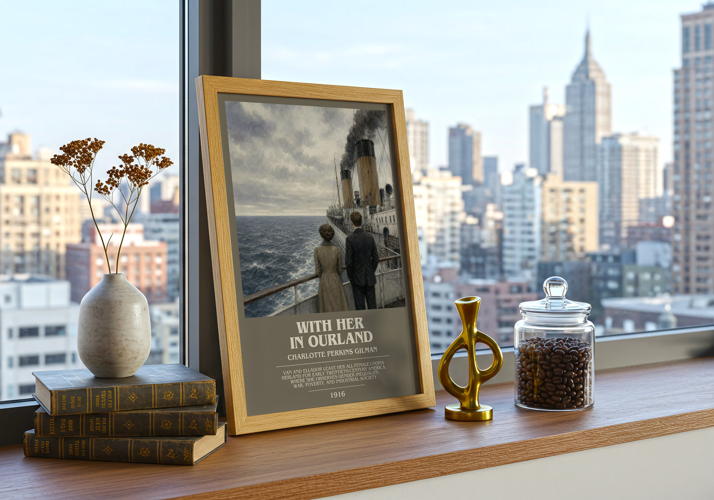 With Her In Ourland bookish print framed by window – literary home decor