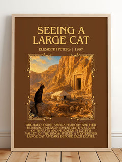 Seeing a large cat Minimalist Book Poster by Elizabeth Peters – framed print leaning on a wooden floor