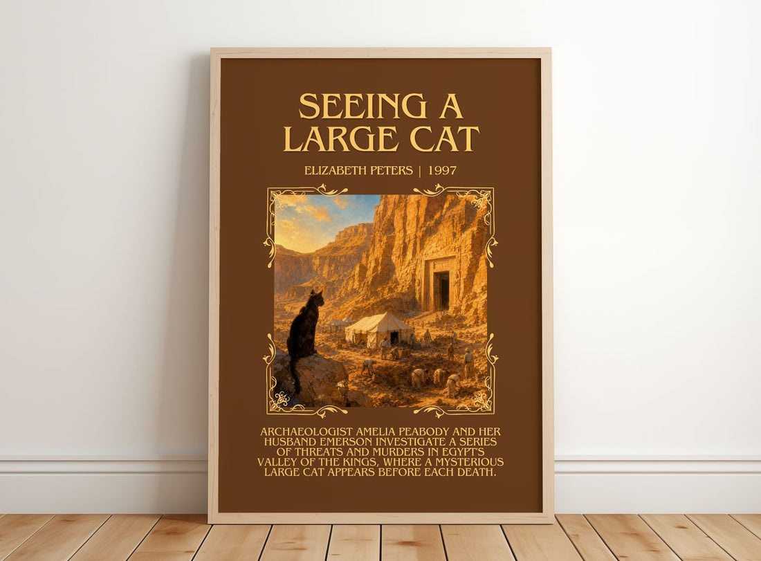 Seeing a large cat Minimalist Book Poster by Elizabeth Peters – framed print leaning on a wooden floor