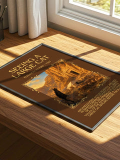 Seeing a large cat Minimalist Book Poster by Elizabeth Peters – print on a sunlit desk