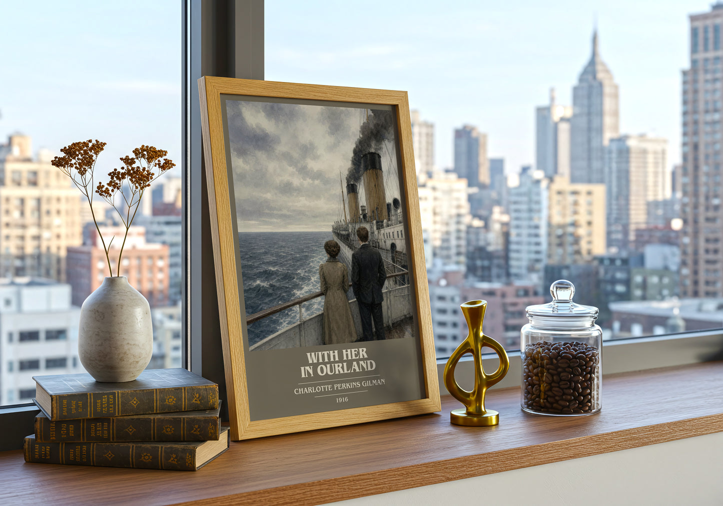 With Her In Ourland book cover print framed by window – literary home decor