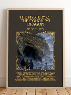 The Mystery of the Coughing Dragon Minimalist Book Poster by Kin Platt – framed print leaning on a wooden floor