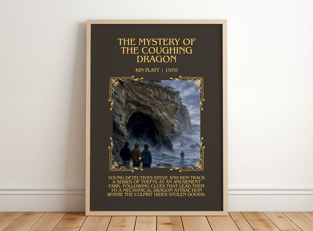 The Mystery of the Coughing Dragon Minimalist Book Poster by Kin Platt – framed print leaning on a wooden floor
