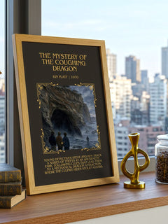The Mystery of the Coughing Dragon Minimalist Book Poster by Kin Platt – framed print on a city-view windowsill