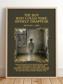 The boy who could make himself disappear Minimalist Book Poster by Kin Platt – framed print leaning on a wooden floor