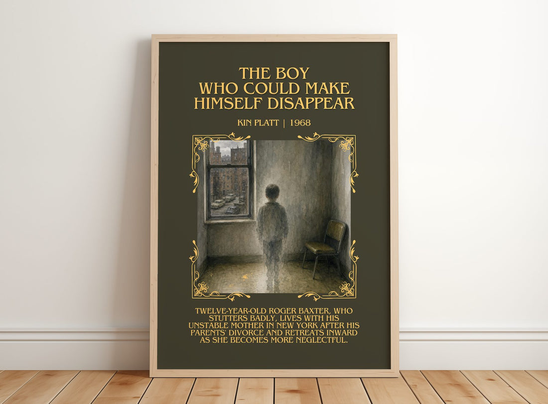 The boy who could make himself disappear Minimalist Book Poster by Kin Platt – framed print leaning on a wooden floor