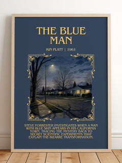 The blue man Minimalist Book Poster by Kin Platt – framed print leaning on a wooden floor