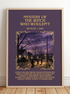 Mystery of the Witch Who Wouldn't Minimalist Book Poster by Kin Platt – framed print leaning on a wooden floor