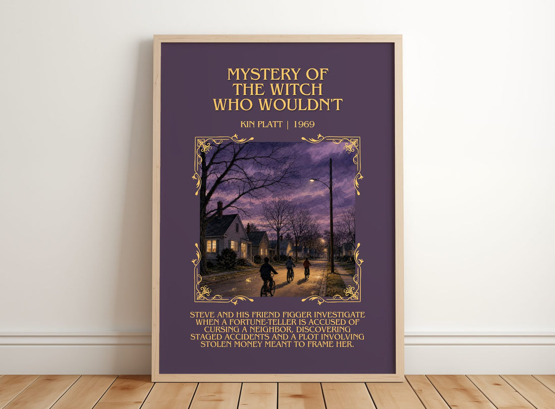 Mystery of the Witch Who Wouldn't Minimalist Book Poster by Kin Platt – framed print leaning on a wooden floor