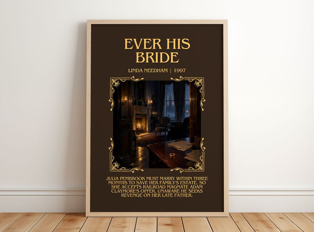 Ever His Bride Minimalist Book Poster by Linda Needham – framed print leaning on a wooden floor