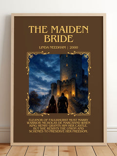The Maiden Bride Minimalist Book Poster by Linda Needham – framed print leaning on a wooden floor