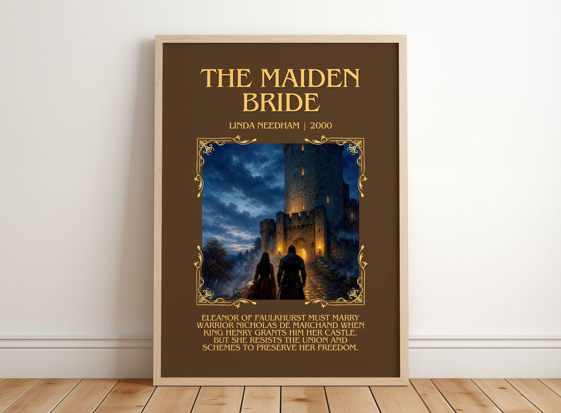 The Maiden Bride Minimalist Book Poster by Linda Needham – framed print leaning on a wooden floor