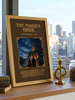 The Maiden Bride Minimalist Book Poster by Linda Needham – framed print on a city-view windowsill