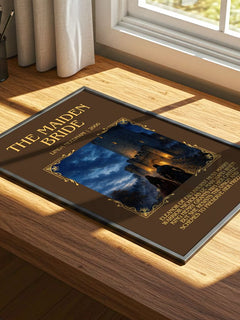 The Maiden Bride Minimalist Book Poster by Linda Needham – print on a sunlit desk
