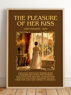 The Pleasure of Her Kiss Minimalist Book Poster by Linda Needham – framed print leaning on a wooden floor