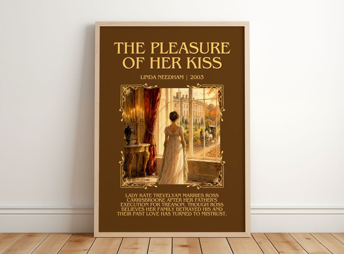 The Pleasure of Her Kiss Minimalist Book Poster by Linda Needham – framed print leaning on a wooden floor