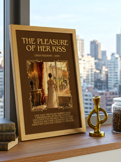 The Pleasure of Her Kiss Minimalist Book Poster by Linda Needham – framed print on a city-view windowsill