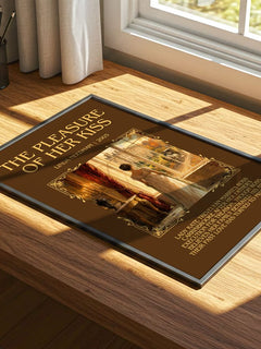 The Pleasure of Her Kiss Minimalist Book Poster by Linda Needham – print on a sunlit desk