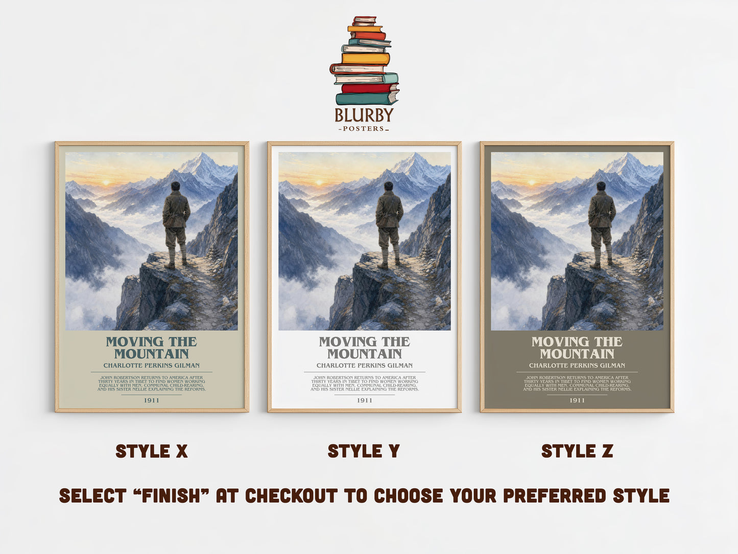Moving The Mountain bookish print in frame leaning in hallway – sci fi wall art