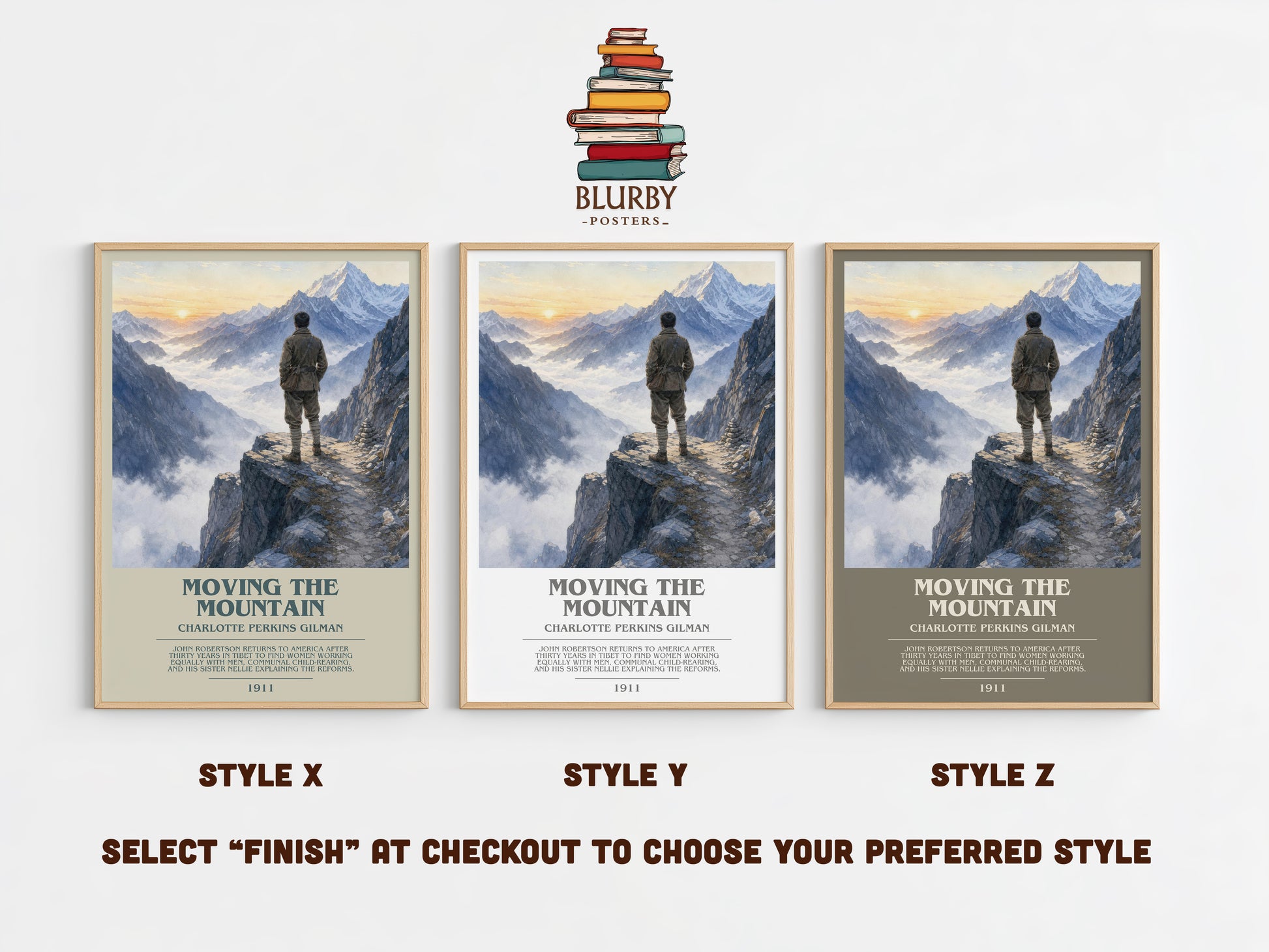 Moving The Mountain bookish print in frame leaning in hallway – sci fi wall art