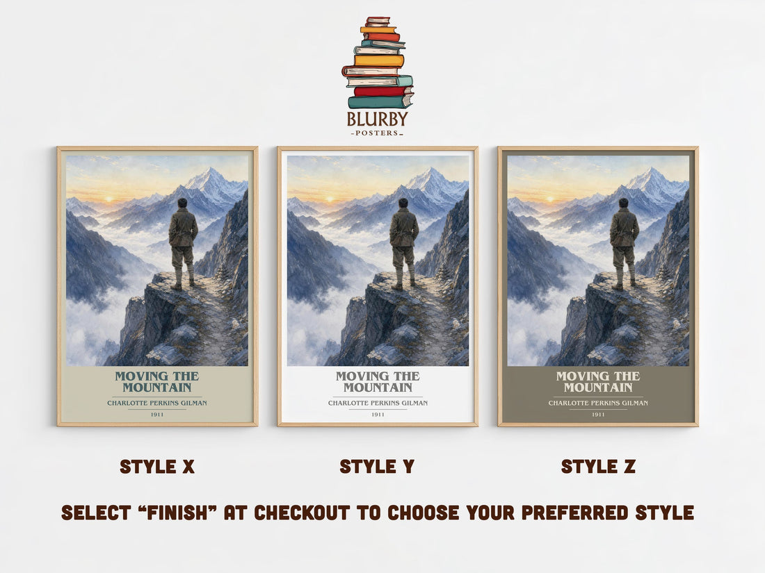 Moving The Mountain book cover print in frame leaning in hallway – sci fi wall art (mockup)
