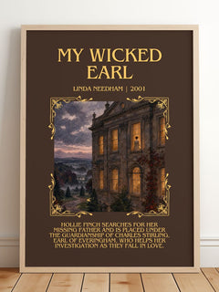 My Wicked Earl Minimalist Book Poster by Linda Needham – framed print leaning on a wooden floor