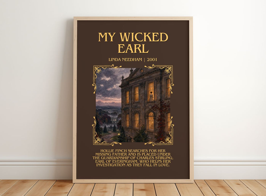 My Wicked Earl Minimalist Book Poster by Linda Needham – framed print leaning on a wooden floor