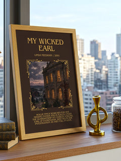 My Wicked Earl Minimalist Book Poster by Linda Needham – framed print on a city-view windowsill