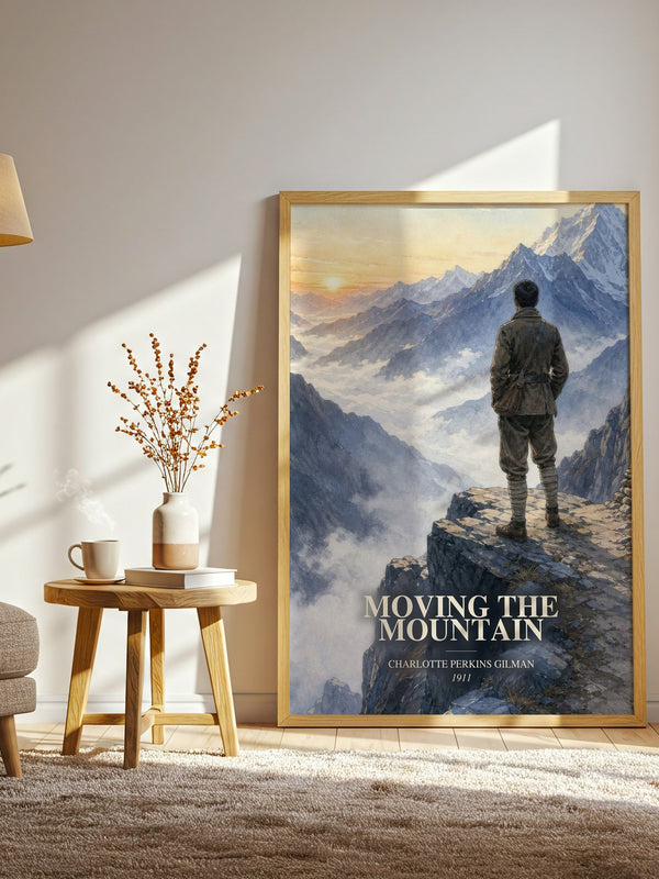 Moving The Mountain watercolour print in frame leaning in hallway – sci fi wall art
