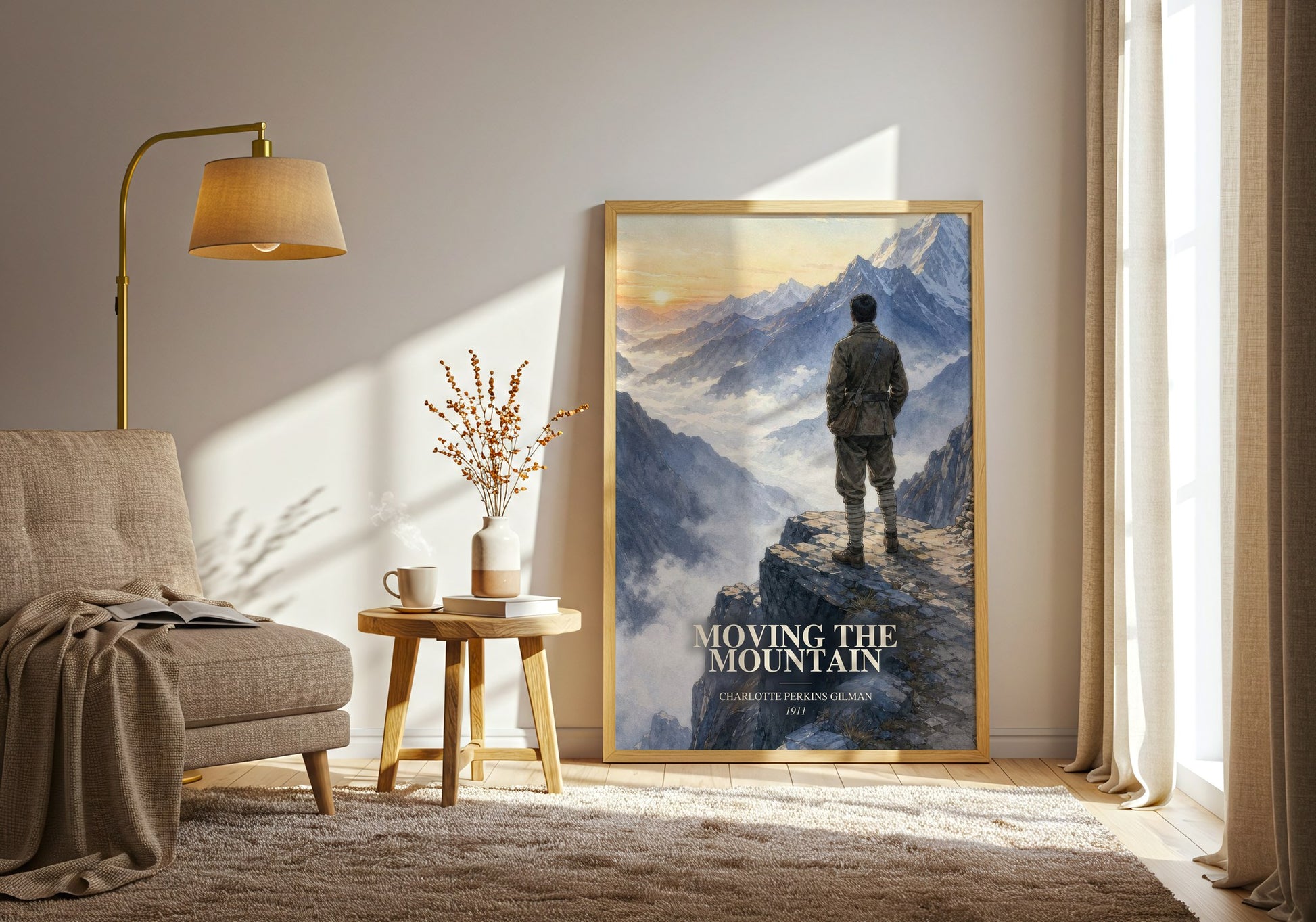 Moving The Mountain watercolour print in frame leaning in hallway – sci fi wall art