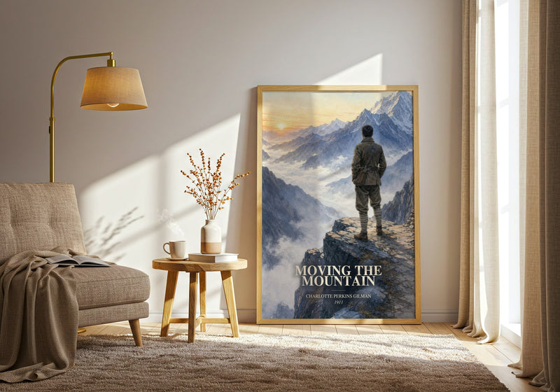 Moving The Mountain watercolour print in frame leaning in hallway – sci fi wall art