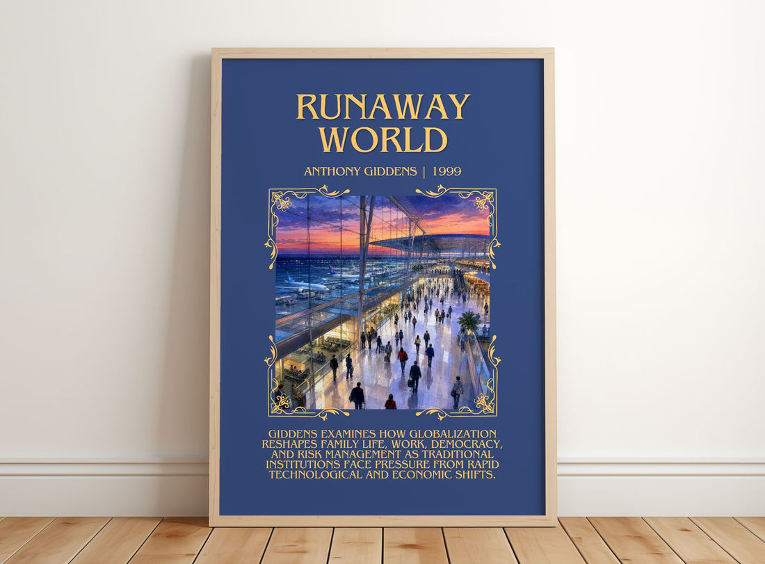 Runaway world Minimalist Book Poster by Anthony Giddens – framed print leaning on a wooden floor
