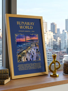 Runaway world Minimalist Book Poster by Anthony Giddens – framed print on a city-view windowsill