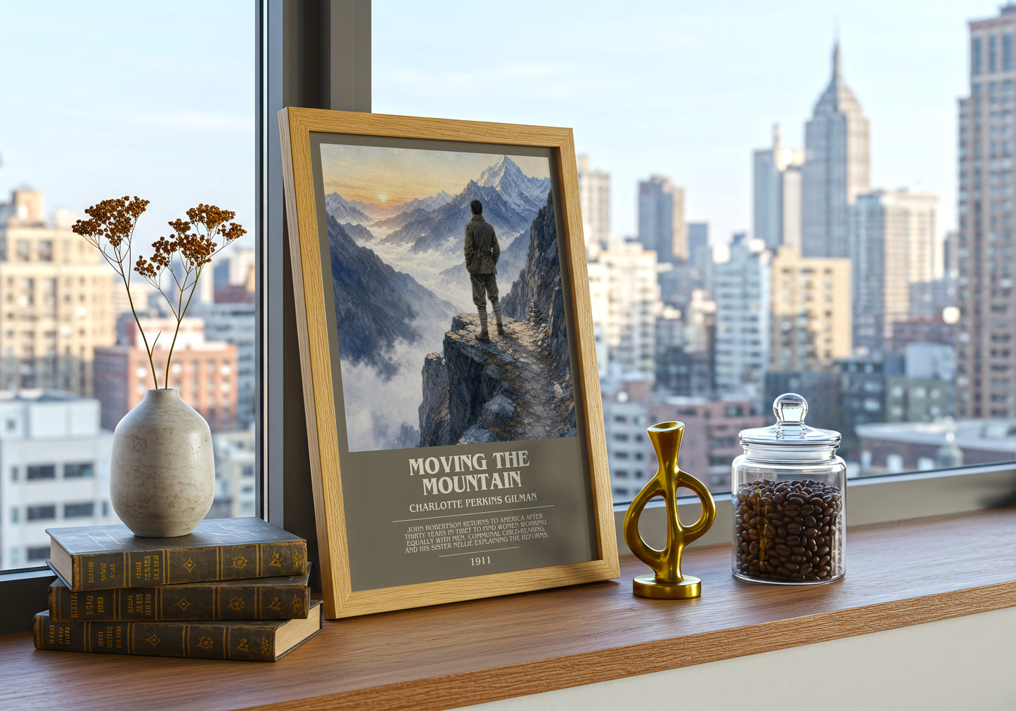 Moving The Mountain bookish print framed by window – literary home decor
