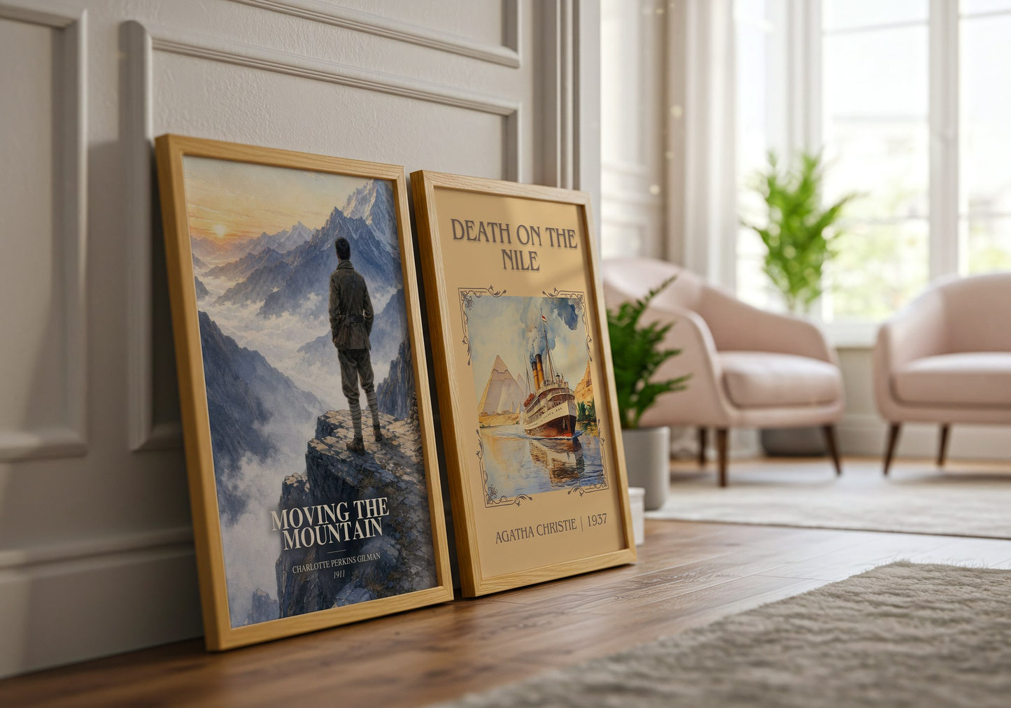 Moving The Mountain watercolour print framed by window – literary home decor
