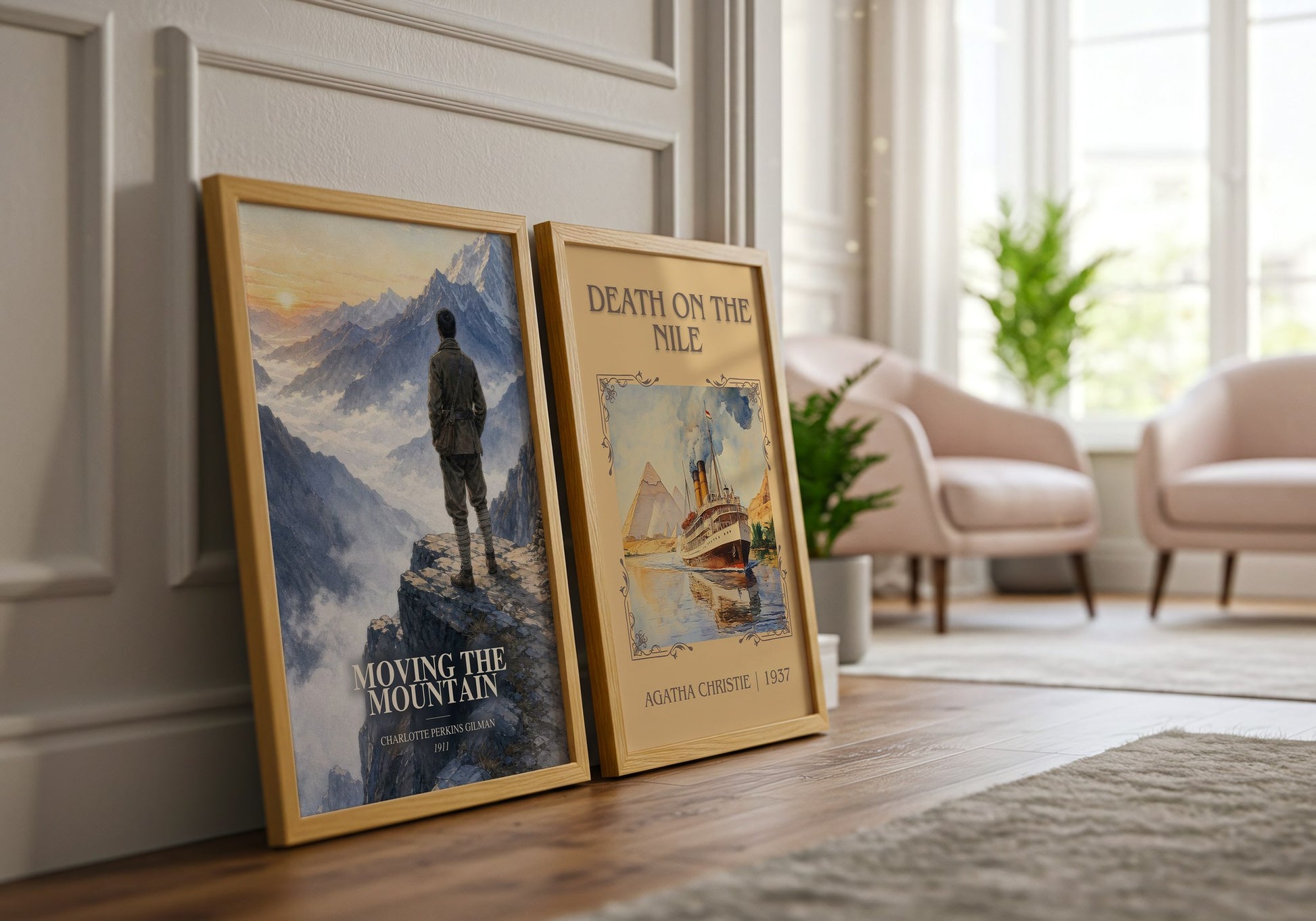 Moving The Mountain watercolour print framed by window – literary home decor